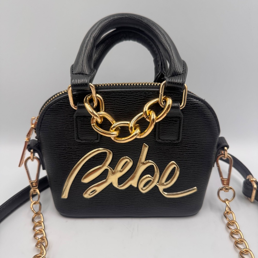Bebe Black Mini Dome Satchel Crossbody Bag Gold Logo Chain Detail